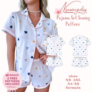 Conjunto de pijama, pantalones cortos, top y ropa de dormir, patrón de costura imprimible, tamaño A4, carta A0, PDF, descarga digital, instrucciones de costura para tallas XS-XXXL.