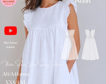 Molde para vestido midi de linho, estilo solto de verão, manga com babados, bolsos (Download em PDF)