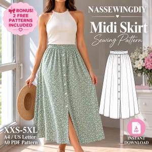 May include: A midi skirt sewing pattern by NASSEWINGDIY featuring a sage green fabric with a small white floral print, a button-down front, and an elastic waistband. The image includes a technical line drawing of the skirt and text indicating sizes XXS-5XL, A4, US Letter, and A0 PDF formats are available.