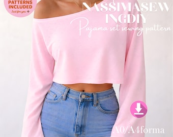 Patron de couture haut court à épaules dénudées, chemisier oversize PDF (A4/A0), tailles XXS-5XL