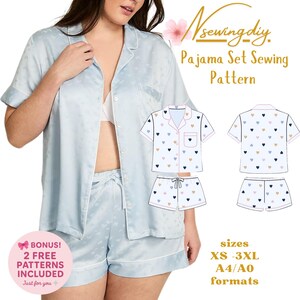 Conjunto de pijama, pantalones cortos, top y ropa de dormir, patrón de costura imprimible, tamaño A4, carta A0, PDF, descarga digital, instrucciones de costura para tallas XS-XXXL.