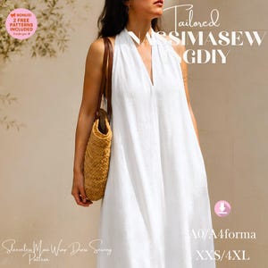 Puede incluir: Un vestido largo cruzado blanco sin mangas con escote en V y tela texturizada. La imagen incluye texto: Tailored NASSIMASEW NGDIY, Sleeveless Maxi Wrap Dress Sewing Pattern, A0/A4 forma, XXS/4XL y un icono de bonificación rosa con texto.