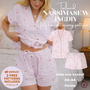 May include: A pink and white striped pajama set with cherry embroidery. The set includes a short-sleeved button-up shirt and drawstring shorts. The image also shows a sewing pattern with the text "Tailored NASSIMASEW INGDY Pajama set sewing pattern".