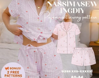 May include: A light pink and white striped pajama set with a cherry print, featuring a short-sleeved button-down shirt and drawstring shorts. The text reads Tailored NASSIMASEWINGDIY Pajama set sewing pattern, sizes xxs-xxxxxl, A0-A4 forma.