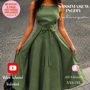 May include: An olive green sleeveless wrap dress with a square neckline and a tie-waist closure. Text on the image includes NASSIMASEWINGDIY, Wrap dress sewing pattern, BONUS 2 FREE PATTERNS INCLUDED, Video Tutorial Included, and A0/A4forma XXS/5XL.