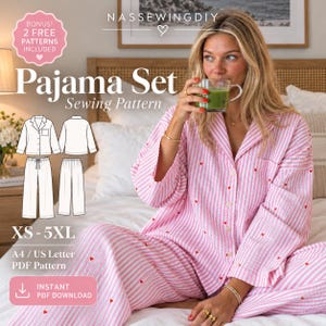 May include: A pink and white striped pajama set with small red heart patterns, featuring a button-down long-sleeve shirt and matching pants. The image includes text: NASSEWINGDIY, Pajama Set Sewing Pattern, XS-5XL, A4/US Letter PDF Pattern.