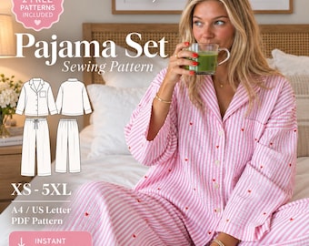 May include: A pink and white striped pajama set with small red heart patterns, featuring a button-down long-sleeve shirt and matching pants. The image includes text: NASSEWINGDIY, Pajama Set Sewing Pattern, XS-5XL, A4/US Letter PDF Pattern.