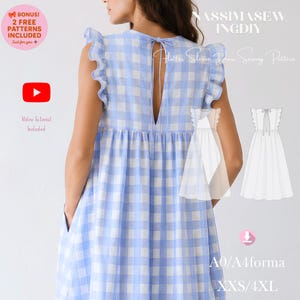 May include: A light blue and white gingham dress featuring flutter sleeves, a high neckline with a back tie closure, and a keyhole opening. The design includes a gathered waistline and side pockets, presented as a sewing pattern with technical sketches.