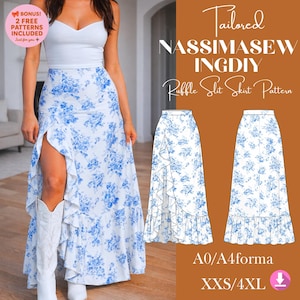 Patrón de costura para falda maxi / Falda boho con volantes y abertura de talle alto (Descarga en PDF)