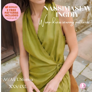 Può includere: Un abito a portafoglio verde oliva senza maniche con scollo a V e chiusura con laccio laterale. Il testo sull'immagine recita: NASSIMASEWINGDIY Wrap dress sewing pattern, BONUS! 2 FREE PATTERNS INCLUDED, A0/A4/USforma e XXS/4XL. È visibile un'icona di download.