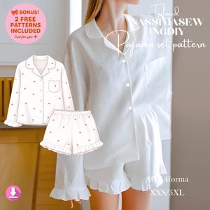 May include: White pajama set pattern with red heart details. The pattern includes a button-down shirt and shorts with ruffled edges. The image also shows a person wearing the pajama set. Text on the image says "BONUS! 2 FREE PATTERNS INCLUDED" and "Pajama set pattern".