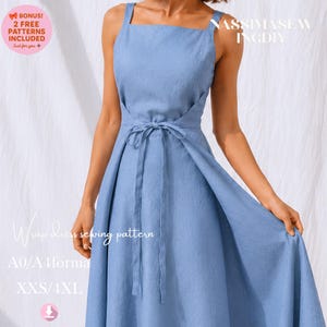 May include: A light blue sleeveless wrap dress with a square neckline and a tie-waist closure. The text on the image includes "BONUS! 2 FREE PATTERNS INCLUDED", "NASSIMASEWINGDIY", "Wrap dress sewing pattern", "A0/A4format", and "XXS/4XL".