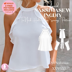 Peut inclure: Un haut blanc sans manches à encolure américaine et bords de manches à volants. L'image présente un dessin technique du haut, une vue arrière montrant les liens à nouer, et le texte Tailored NASSIMASEWINGDIY Tie Neck Halter Top Sewing Pattern.