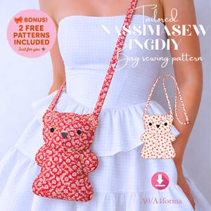 May include: A red and floral patterned teddy bear-shaped crossbody bag with a matching strap. The bag is part of a sewing pattern, with the text "Tailored VASSIMASEW BINGDIY Bag sewing pattern" and "BONUS! 2 FREE PATTERNS INCLUDED".