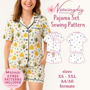 Pajama Set Shorts Top Sleepwear Printable Sewing Pattern A4 Letter A0 pdf Digital Download XS-XXXL Sewing Instructions