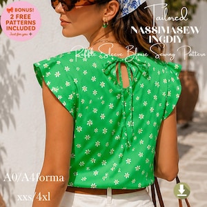 May include: A bright green blouse featuring a white daisy floral pattern, short ruffled sleeves, and a tie-back closure at the neckline. The garment is displayed from the back, showcasing the fabric drape and the tie detail. Text on the image reads Tailored NASSIMASEWINGDIY Ruffle Sleeve Blouse Sewing Pattern, A0/A4forma, and xxs/4xl.