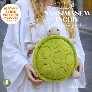 May include: A green turtle-shaped bag with a light beige strap. The bag has a plush, textured shell design with a turtle head and limbs. Text on the image reads "Tailored NASSIMASEW INGDY Turtle bag sewing pattern". Additional text indicates "BONUS! 2 FREE PATTERNS INCLUDED".