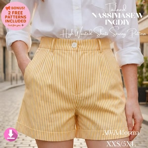 Può includere: Pantaloncini a vita alta a righe gialle e bianche. I pantaloncini hanno una chiusura con bottoni e tasche. L'immagine include il testo "Tailored NASSIMASEWINGDIY High Waisted Shorts Sewing Pattern" e "BONUS! 2 FREE PATTERNS INCLUDED".