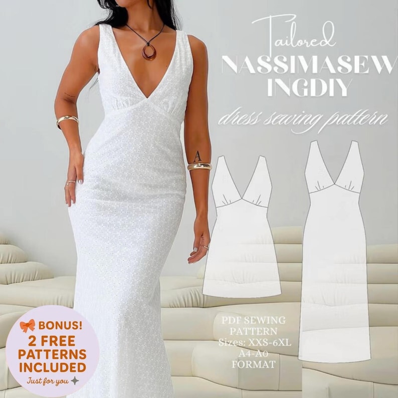 V-Neck Bias Cut Dress Sewing Pattern: Beginner-Friendly (PDF Download XXS-6XL) image 1