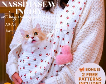 May include: A white pet carrier with a red floral pattern holds a fluffy orange cat. The carrier has a matching strap and a pink plush charm. Text on the image reads "NASSIMASEW INGDIY pet bag sewing pattern". Bonus patterns included.