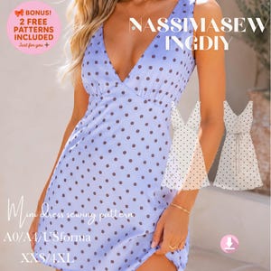 May include: A light blue mini dress with a dark brown polka dot pattern, featuring a deep V-neckline and sleeveless cut. The image includes text reading NASSIMASEWINGDIY, Mini dress sewing pattern, A0/A4/USforma, and XXS/4XL, plus a bonus icon.
