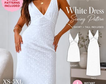 May include: A white sleeveless dress with a V-neckline and a subtle floral pattern. The image includes text: NASSEWINGDIY, White Dress Sewing Pattern, SHORT + TALL INCLUDED, BONUS! 2 FREE PATTERNS INCLUDED, XS-5XL, A4 / US Letter PDF Pattern, INSTANT PDF DOWNLOAD.