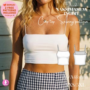 May include: A white crop top with thin straps is shown, paired with a black and white checkered skirt. The image includes text that reads "Crop top Sewing pattern" and "XXS/5XL". A bonus of two free patterns is also included.