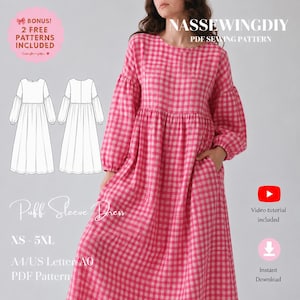 Könnte beinhalten: Ein langärmeliges Kleid mit rosa-weißem Vichy-Muster, rundem Ausschnitt, gerafften Puffärmeln und einer locker sitzenden Silhouette. Das Bild enthält den Text: NASSEWINGDIY PDF SEWING PATTERN, Puff Sleeve Dress, XS-5XL, A4/US Letter A0 PDF Pattern, BONUS! 2 FREE PATTERNS INCLUDED, Video tutorial included, Instant Download.