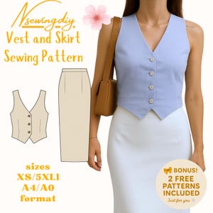 Patrón de costura para conjunto de chaleco, falda y pantalón de lino, cuello redondo, botones, tallas A0-A4 (carta de EE. UU.); tallas 2 a 30 de EE. UU.