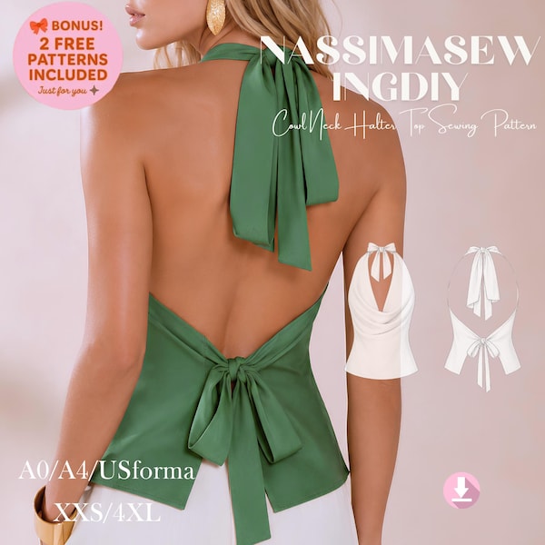Patrón PDF de top halter con espalda descubierta, top de verano con cuello drapeado, tallas XXS–4XL