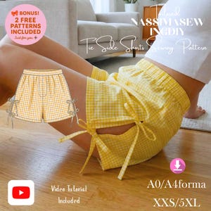 Peut inclure: Shorts à carreaux vichy jaunes et blancs avec une taille élastique et des liens latéraux décoratifs. Le patron de couture numérique inclut un tutoriel vidéo, deux patrons bonus, et est disponible en tailles XXS à 5XL aux formats A0 et A4.