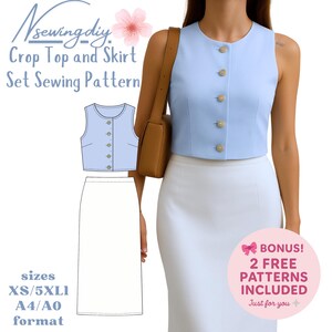 Patrón de costura para conjunto de chaleco, falda y pantalón de lino, cuello redondo, botones, tallas A0-A4 (carta de EE. UU.); tallas 2 a 30 de EE. UU.