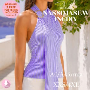 May include: A sleeveless halter top featuring a vertical purple and white striped pattern. The garment has a high neckline secured with a gold-toned circular ring detail and a long fabric panel draping down the front. Text includes BONUS 2 FREE PATTERNS INCLUDED, Tailored NASSIMASEWINGDIY, A0/A4forma, and XXS/4XL.