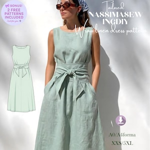May include: A light green wrap linen dress pattern with a matching dress illustration. The image includes the text "Tailored NASSIMASEW INGDY Wrap linen dress pattern" and "BONUS! 2 FREE PATTERNS INCLUDED". The pattern sizes range from XXS to 5XL.