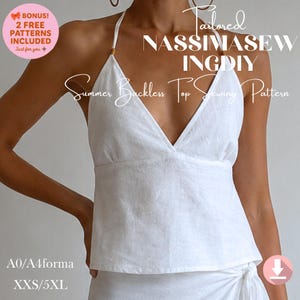 Puede incluir: Un top blanco sin mangas tipo halter con escote en V profundo y diseño de espalda descubierta. El texto en la imagen dice: Tailored NASSIMASEWINGDIY Summer Backless Top Sewing Pattern, BONUS! 2 FREE PATTERNS INCLUDED, A0/A4forma y XXS/5XL.