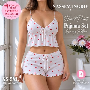 May include: A white pyjama set with a red heart print, featuring a camisole top with spaghetti straps and a ruffled hem, and matching shorts with a drawstring waist. Text includes NASSEWINGDIY Heart Print Pyjama Set Sewing Pattern.