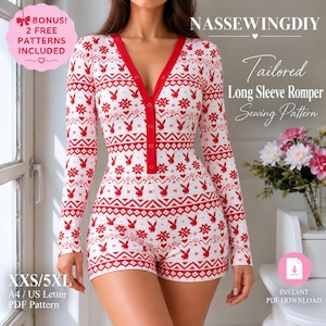 May include: A long-sleeve romper sewing pattern featuring a white fabric with a red repeating pattern of rabbit silhouettes, snowflakes, and geometric shapes. The romper has a V-neckline with a red button-down placket. Text includes NASSEWINGDIY.