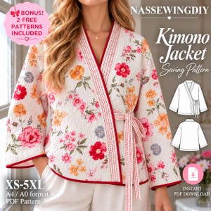 May include: A quilted kimono jacket sewing pattern featuring a white base with a vibrant floral print in shades of red, orange, and blue. The jacket has long sleeves, a wrap-front closure with a tie belt, and red trim. Text includes NASSEWINGDIY.