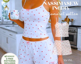 May include: White pajama set with red heart pattern, including a camisole top and shorts. The top and shorts have pink bows. The image includes the text "Tailored NASSIMASEW INGDY pajama set patten" and "BONUS! 2 FREE PATTERNS INCLUDED".