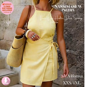 Schnittmuster für ein Leinen-Wickelkleid mit Neckholder, Sommer-Minikleid, seitliche Bindebänder (digitales PDF)