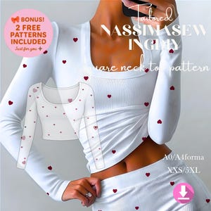 Puede incluir: Conjunto blanco de top de manga larga y falda, con escote cuadrado y pequeños corazones rojos. La imagen incluye texto: "Tailored NASSIMASEW INGDY square neck to pattern" y "BONUS! 2 FREE PATTERNS INCLUDED Just for you". Tallas: XXS/5XL.
