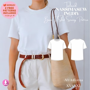 Puede incluir: Una camiseta blanca se usa con un cinturón trenzado marrón y pantalones blancos. La imagen incluye un patrón de costura para una camiseta básica, con el texto "Tailored NASSIMASEWINGDIY Basic T-Shirt Sewing Pattern".