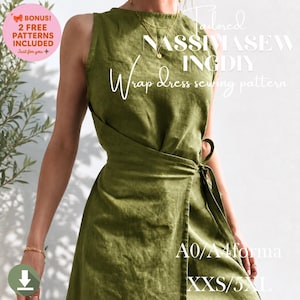 Puede incluir: Un vestido cruzado sin mangas de color verde oliva con cierre de lazo en la cintura. La imagen incluye el texto Tailored NASSIMASEWINGDIY Wrap dress sewing pattern, formato A0/A4 y XXS/5XL, con una insignia circular rosa BONUS! 2 FREE PATTERNS INCLUDED.