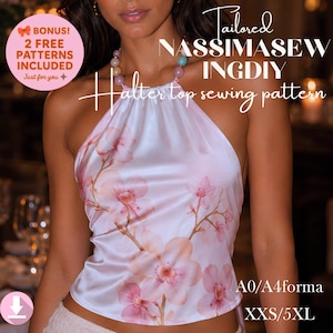 Backless Halter Top Sewing Pattern, Beaded Tie Neck Blouse (PDF Download)