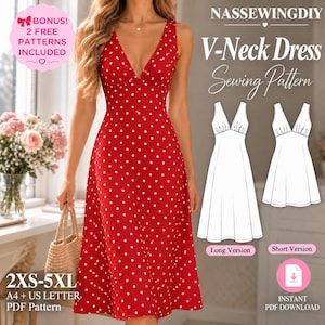 May include: A red V-neck dress with white polka dots, featuring a sleeveless bodice and a flared skirt. The image includes text reading NASSEWINGDIY V-Neck Dress Sewing Pattern, with technical line drawings for long and short versions.