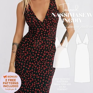 Puede incluir: Vestido negro con estampado floral rojo y escote en V profundo. La imagen incluye un patrón de costura con el texto "NASSIMASEWINGDIY" y "PDF Sewing Pattern". El patrón de vestido incluye tallas XXS-6XL.