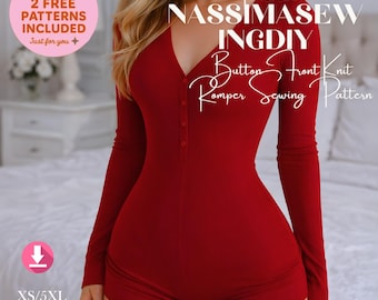 Henley Romper Sewing Pattern | Long Sleeve Knit Sleepwear (PDF Pattern, XS-5XL)