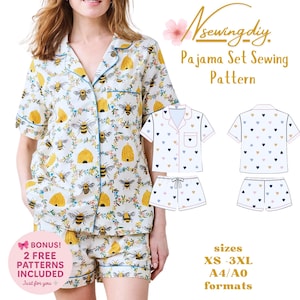 Conjunto de pijama, pantalones cortos, top y ropa de dormir, patrón de costura imprimible, tamaño A4, carta A0, PDF, descarga digital, instrucciones de costura para tallas XS-XXXL.