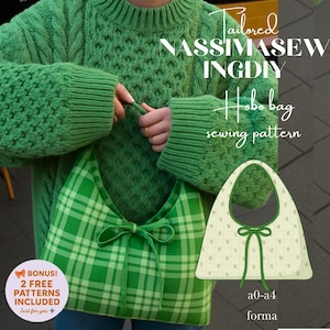May include: A green plaid hobo bag sewing pattern with a bow closure. The image includes text that reads "Tailored NASSIMASEW INGDY Hobo bag sewing pattern" and "BONUS! 2 FREE PATTERNS INCLUDED". The bag is displayed with a green sweater.