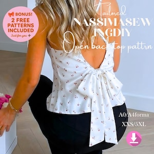 May include: A white sleeveless top with a small floral print, featuring a large fabric bow at the centre of the open back and thin shoulder straps. Text on the image includes "Tailored NASSIMASEWINGDIY Open back top pattern" and "A0/A4format XXS/5XL".